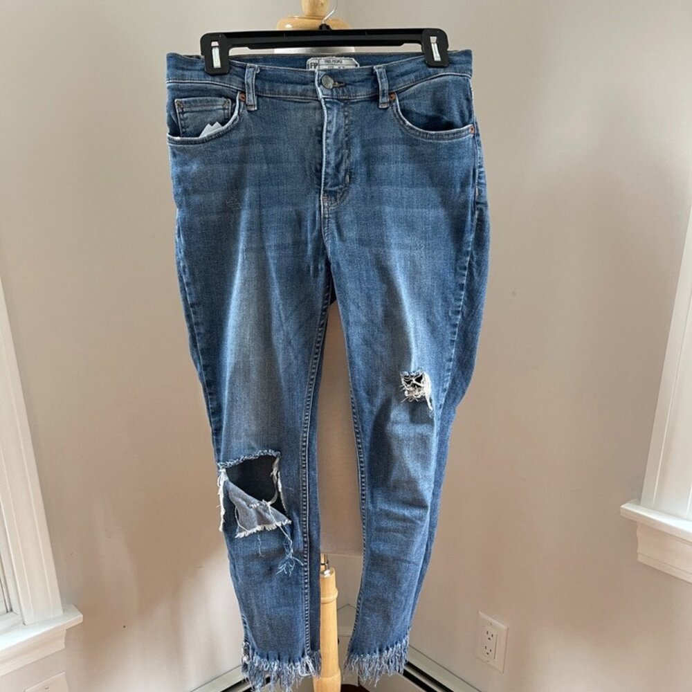 Free People Great Heights Frayed Skinny Jeans Mid Rise Medium Wash Womens 28